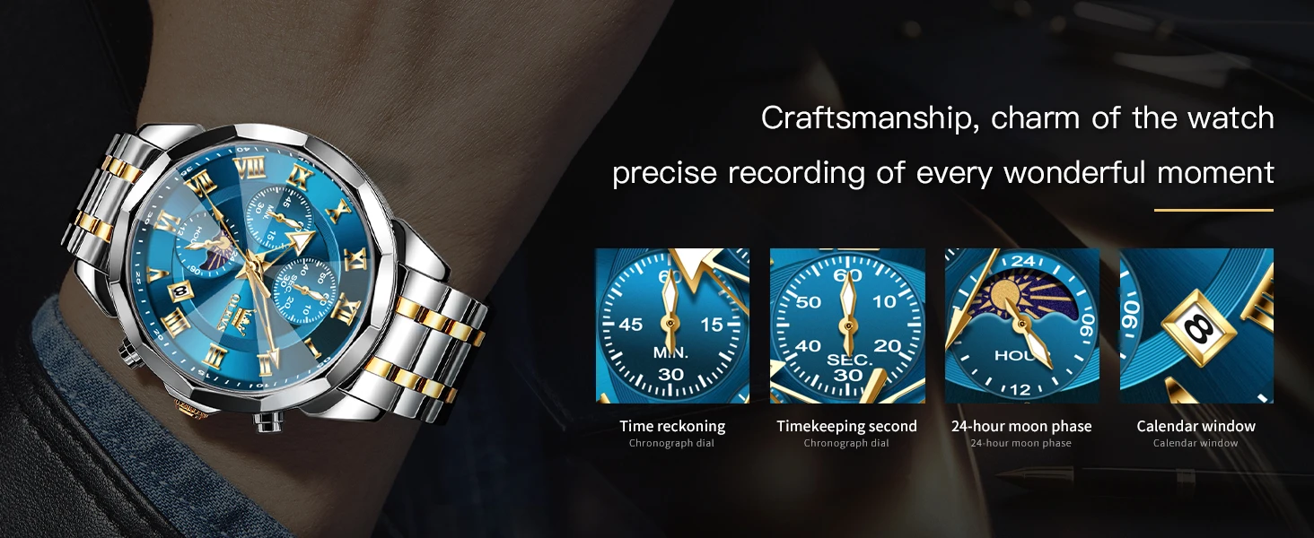 OLEVS 3675 Men Watch Brand Business Stainless Steel Date Chronograph Luxury Waterproof Moonphase Men Quartz Watch Reloj Hombre
