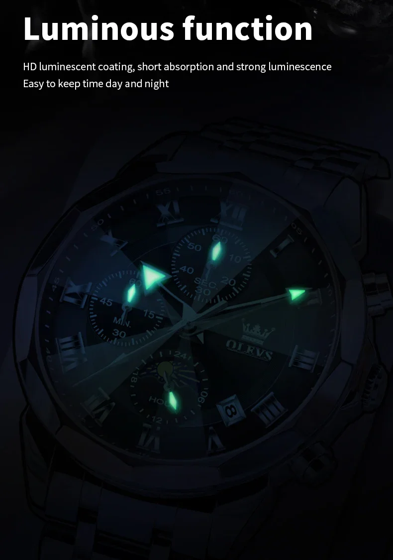 OLEVS 3675 Business Watch Mens Original Quartz Watch Big Brand  Multifunctional Chronograph Waterproof Moon Phase Watch For Man