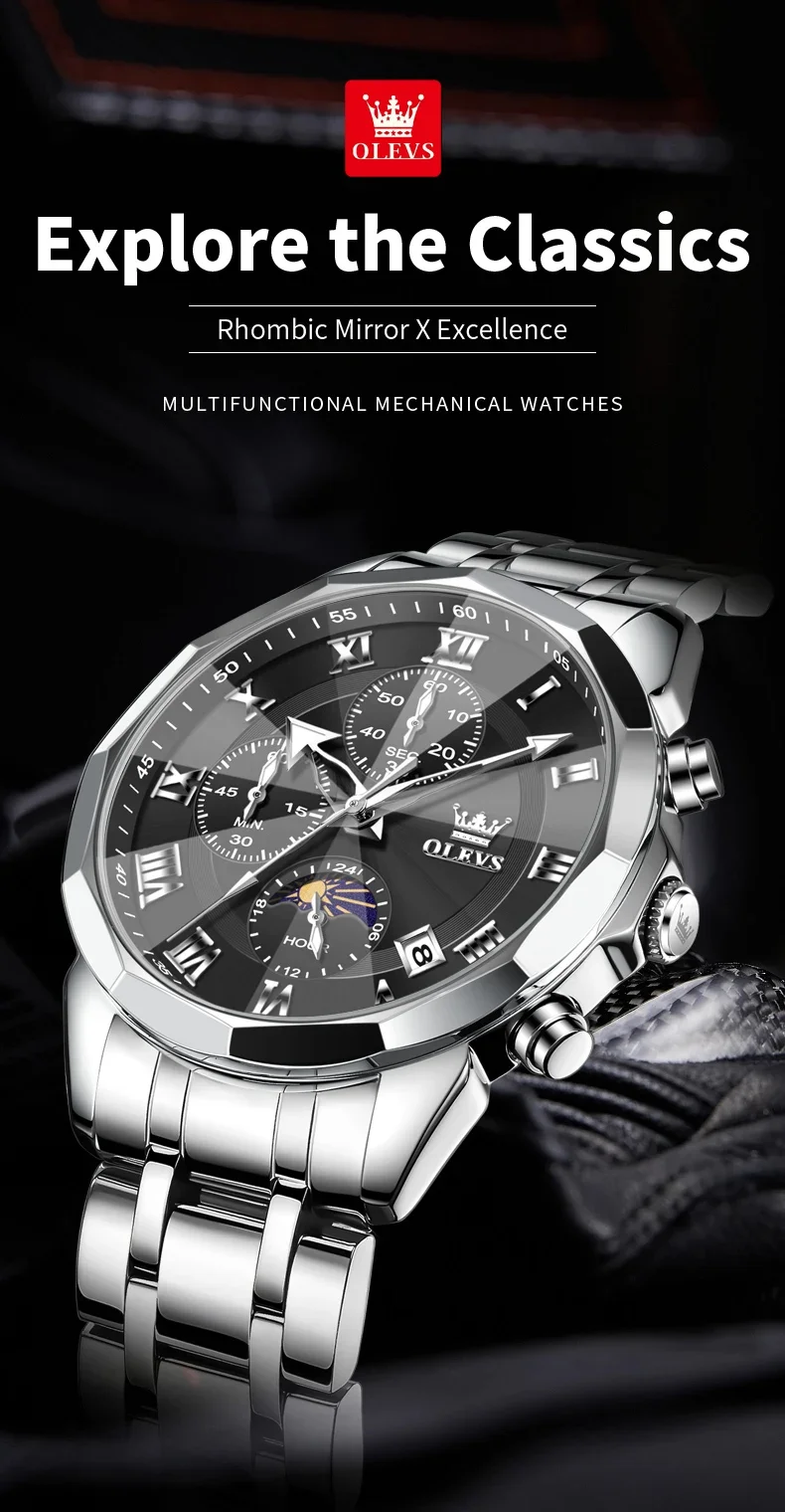 OLEVS 3675 Business Watch Mens Original Quartz Watch Big Brand  Multifunctional Chronograph Waterproof Moon Phase Watch For Man