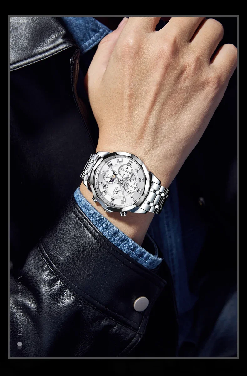 OLEVS 3675 Business Watch Mens Original Quartz Watch Big Brand  Multifunctional Chronograph Waterproof Moon Phase Watch For Man