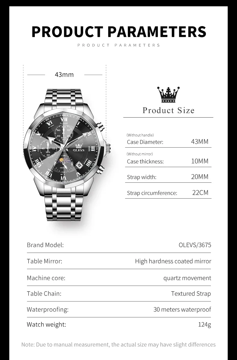 OLEVS 3675 Business Watch Mens Original Quartz Watch Big Brand  Multifunctional Chronograph Waterproof Moon Phase Watch For Man