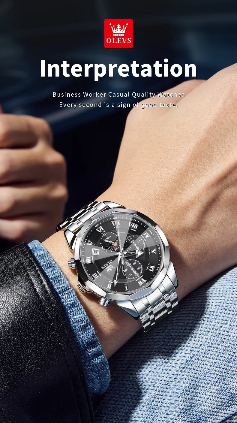 OLEVS 3675 Business Watch Mens Original Quartz Watch Big Brand  Multifunctional Chronograph Waterproof Moon Phase Watch For Man