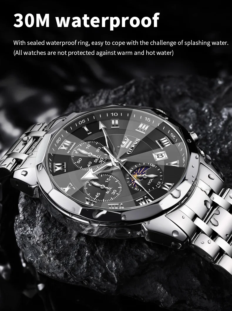 OLEVS 3675 Business Watch Mens Original Quartz Watch Big Brand  Multifunctional Chronograph Waterproof Moon Phase Watch For Man