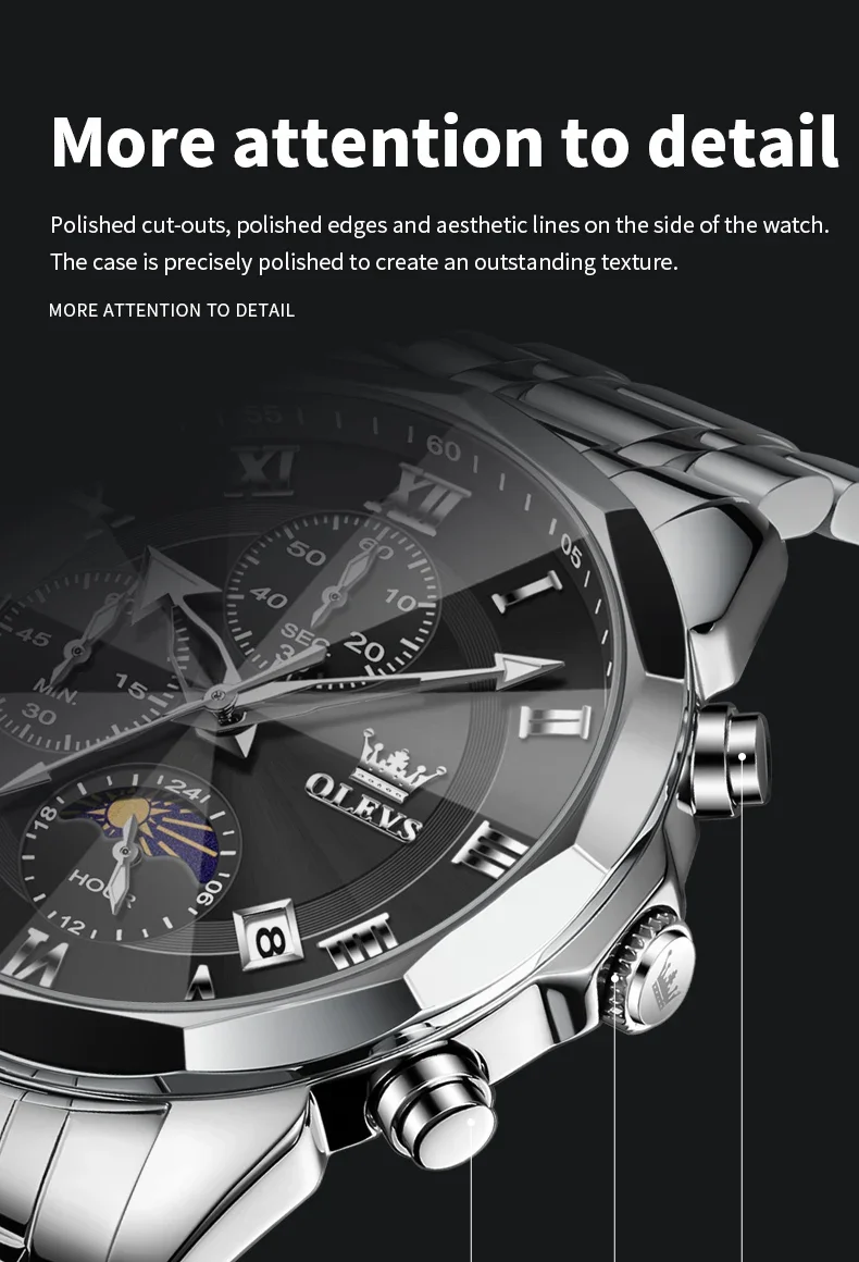 OLEVS 3675 Business Watch Mens Original Quartz Watch Big Brand  Multifunctional Chronograph Waterproof Moon Phase Watch For Man