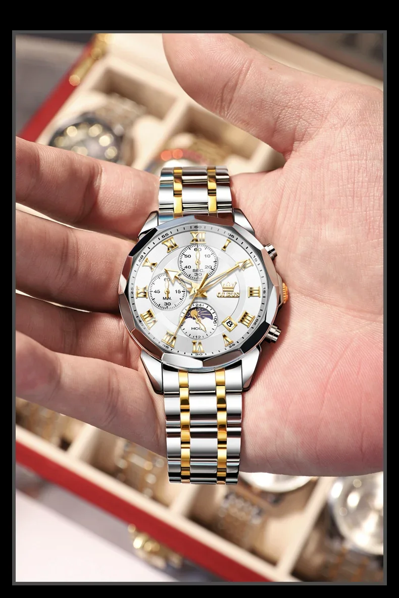 OLEVS 3675 Business Watch Mens Original Quartz Watch Big Brand  Multifunctional Chronograph Waterproof Moon Phase Watch For Man
