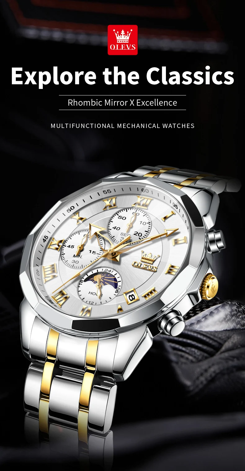 OLEVS Watch 3675 Men Luxury Fashion Business Original Quartz Watch HD Waterproof Luminous Moon Phase Chronograph Brand Men Watch
