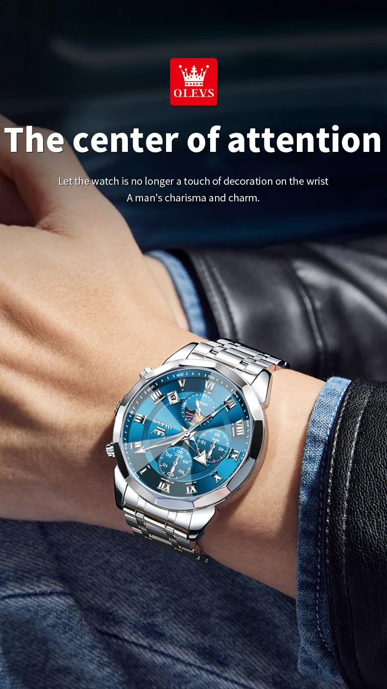 OLEVS Watch 3675 Men Luxury Fashion Business Original Quartz Watch HD Waterproof Luminous Moon Phase Chronograph Brand Men Watch