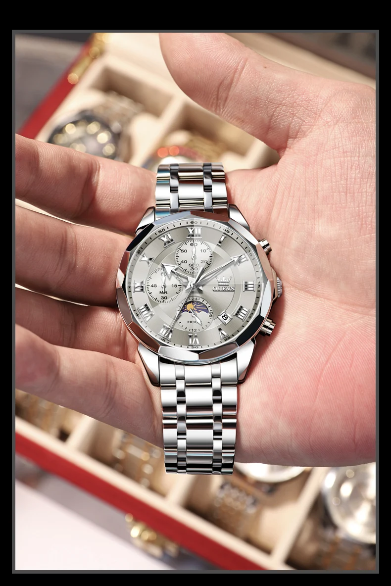 OLEVS Watch 3675 Men Luxury Fashion Business Original Quartz Watch HD Waterproof Luminous Moon Phase Chronograph Brand Men Watch