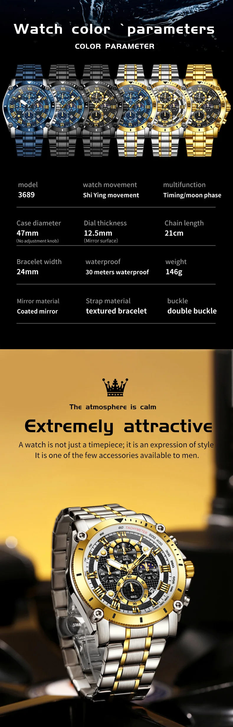 OLEVS New Man Watch Moon Phase Chronograph Waterproof Luminous Multi-functional Original Luxury Brand Quartz Men's Watches 3689