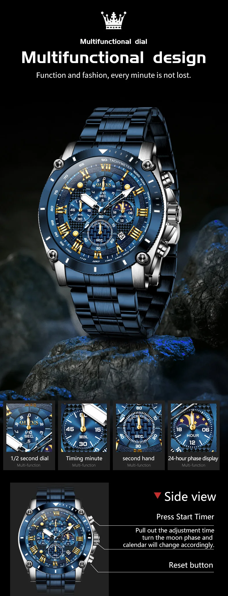 OLEVS New Man Watch Moon Phase Chronograph Waterproof Luminous Multi-functional Original Luxury Brand Quartz Men's Watches 3689