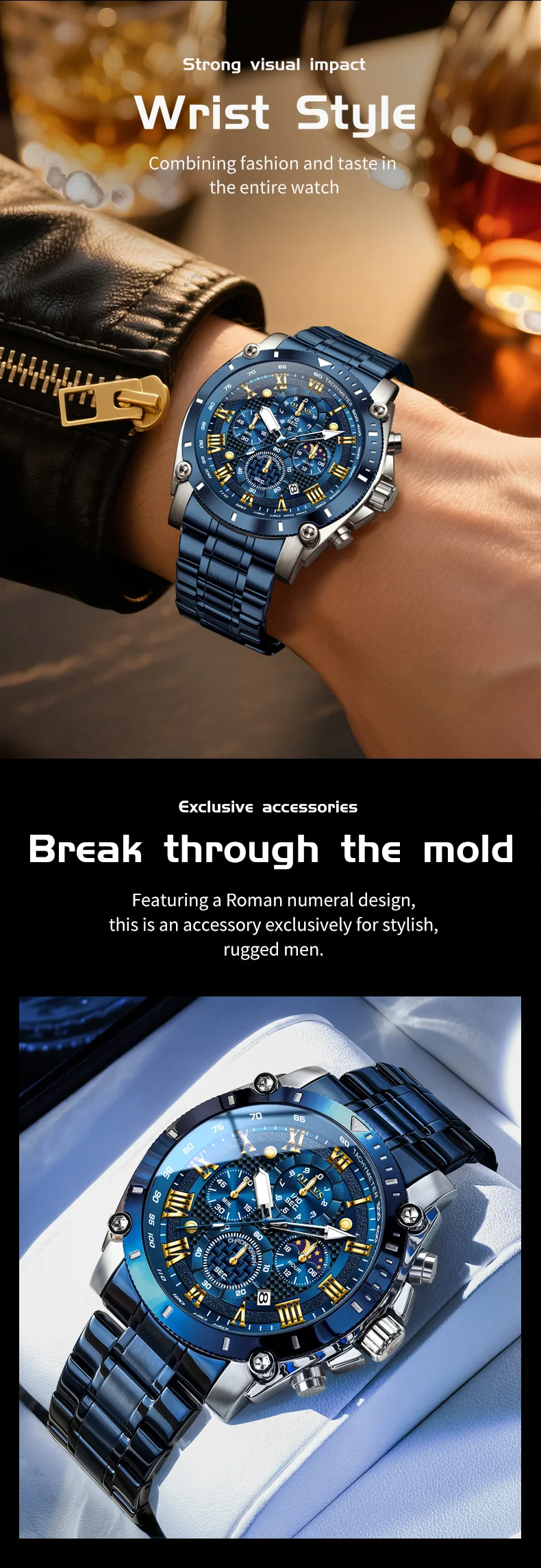 OLEVS New Man Watch Moon Phase Chronograph Waterproof Luminous Multi-functional Original Luxury Brand Quartz Men's Watches 3689