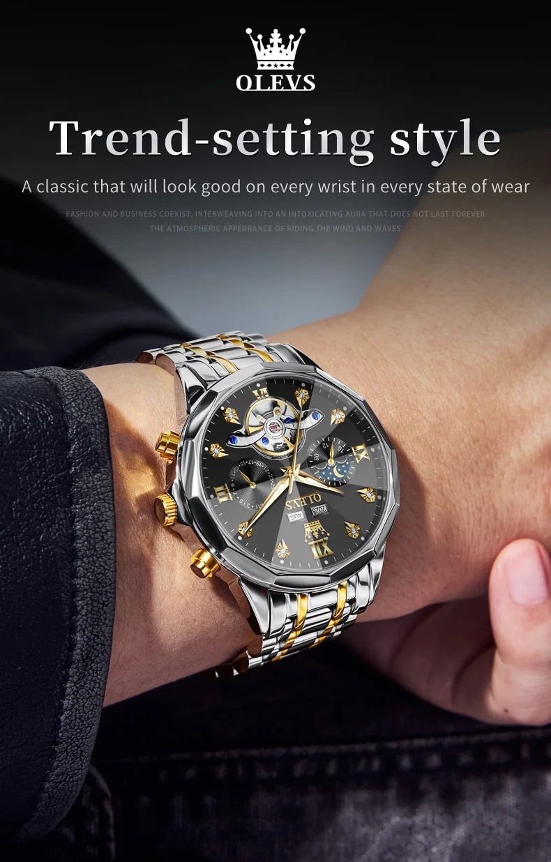 OLEVS 6621 Mens Watch High-end Automatic Mechanical Watches Flywheel Hollow Dial Calendar Moon phase Waterproof Man Wristwatch OLEVS 6621 Mens Watch High-end Automatic Mechanical Watches Flywheel Hollow Dial Calendar Moon phase Waterproof Man Wristwatch