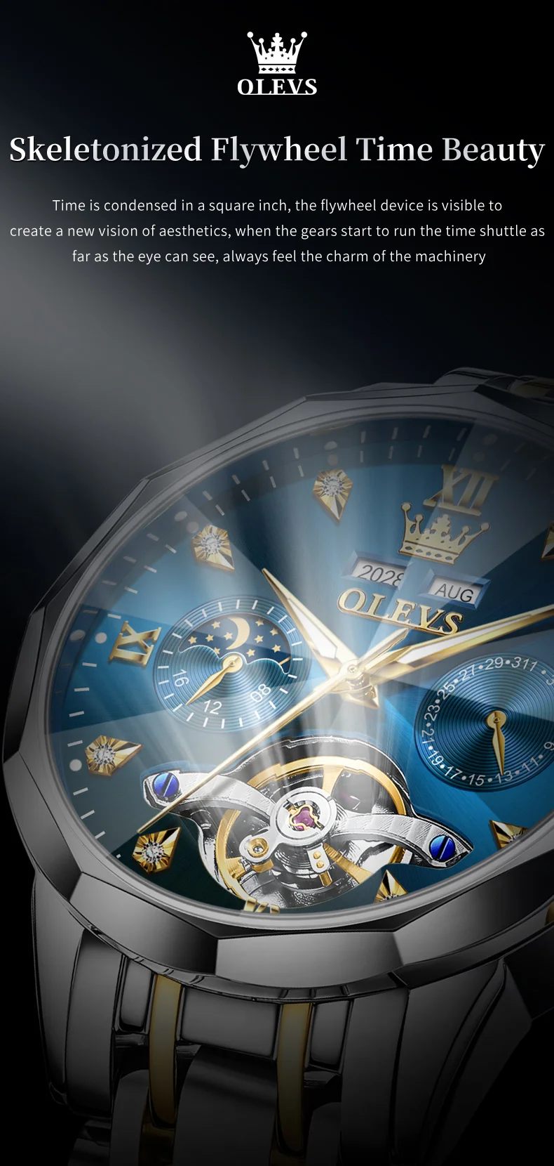 OLEVS 6621 Mens Watch High-end Automatic Mechanical Watches Flywheel Hollow Dial Calendar Moon phase Waterproof Man Wristwatch OLEVS 6621 Mens Watch High-end Automatic Mechanical Watches Flywheel Hollow Dial Calendar Moon phase Waterproof Man Wristwatch
