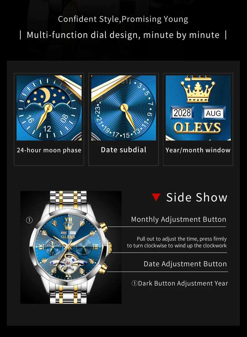 OLEVS 6621 Mens Watch High-end Automatic Mechanical Watches Flywheel Hollow Dial Calendar Moon phase Waterproof Man Wristwatch OLEVS 6621 Mens Watch High-end Automatic Mechanical Watches Flywheel Hollow Dial Calendar Moon phase Waterproof Man Wristwatch