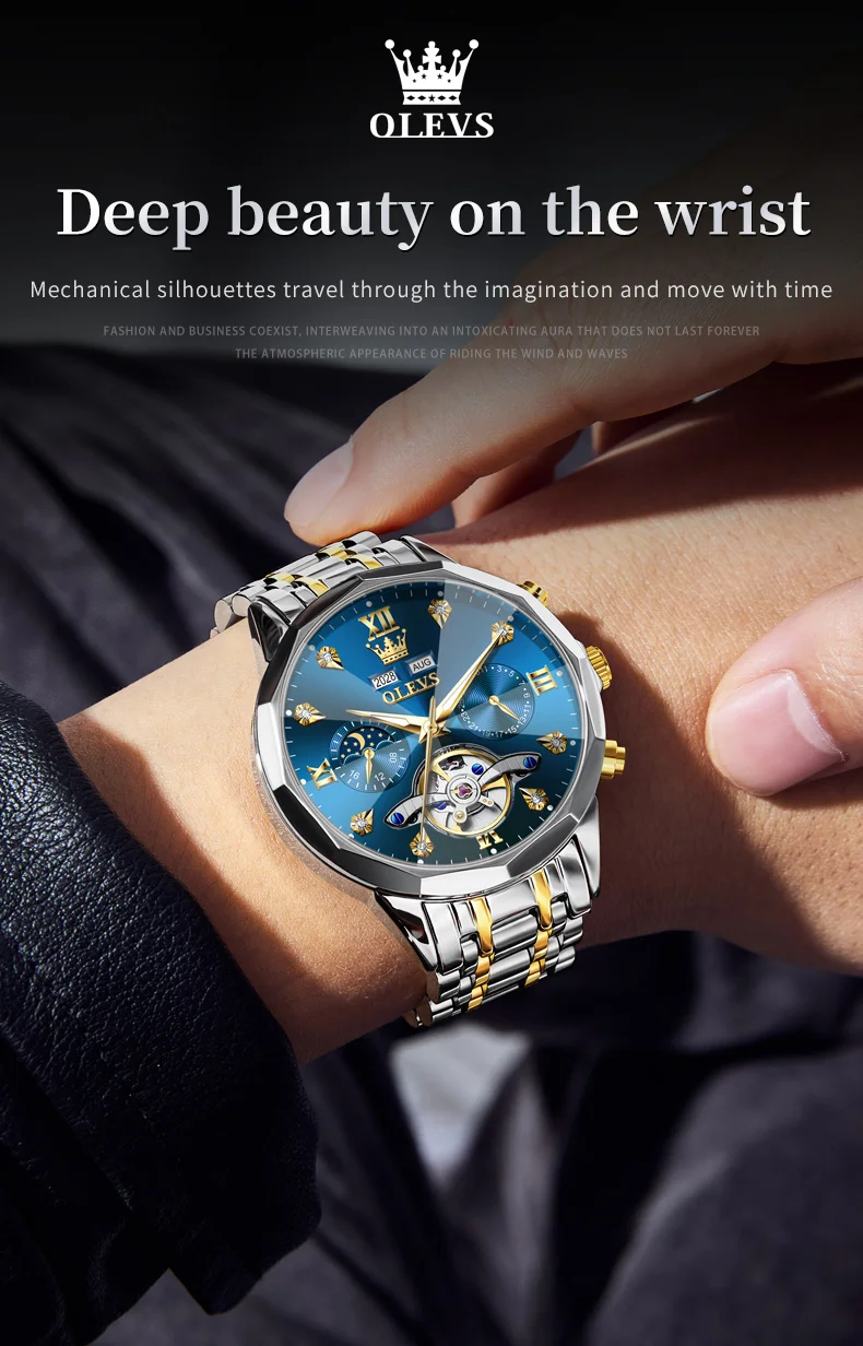 OLEVS 6621 Mens Watch High-end Automatic Mechanical Watches Flywheel Hollow Dial Calendar Moon phase Waterproof Man Wristwatch OLEVS 6621 Mens Watch High-end Automatic Mechanical Watches Flywheel Hollow Dial Calendar Moon phase Waterproof Man Wristwatch